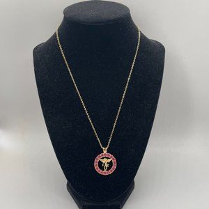 Gold Tone and Pink Rhinestone Circle Cherub Angel Pendant w/ Chain Necklace